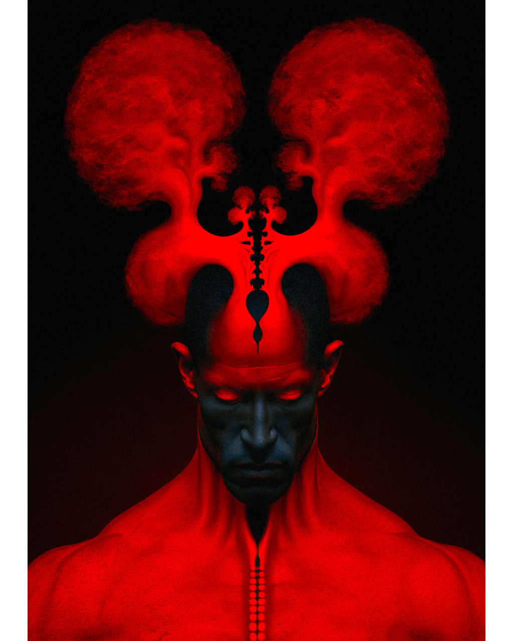 False Symmetry – A surreal art print featuring a red human figure with abstract organic forms