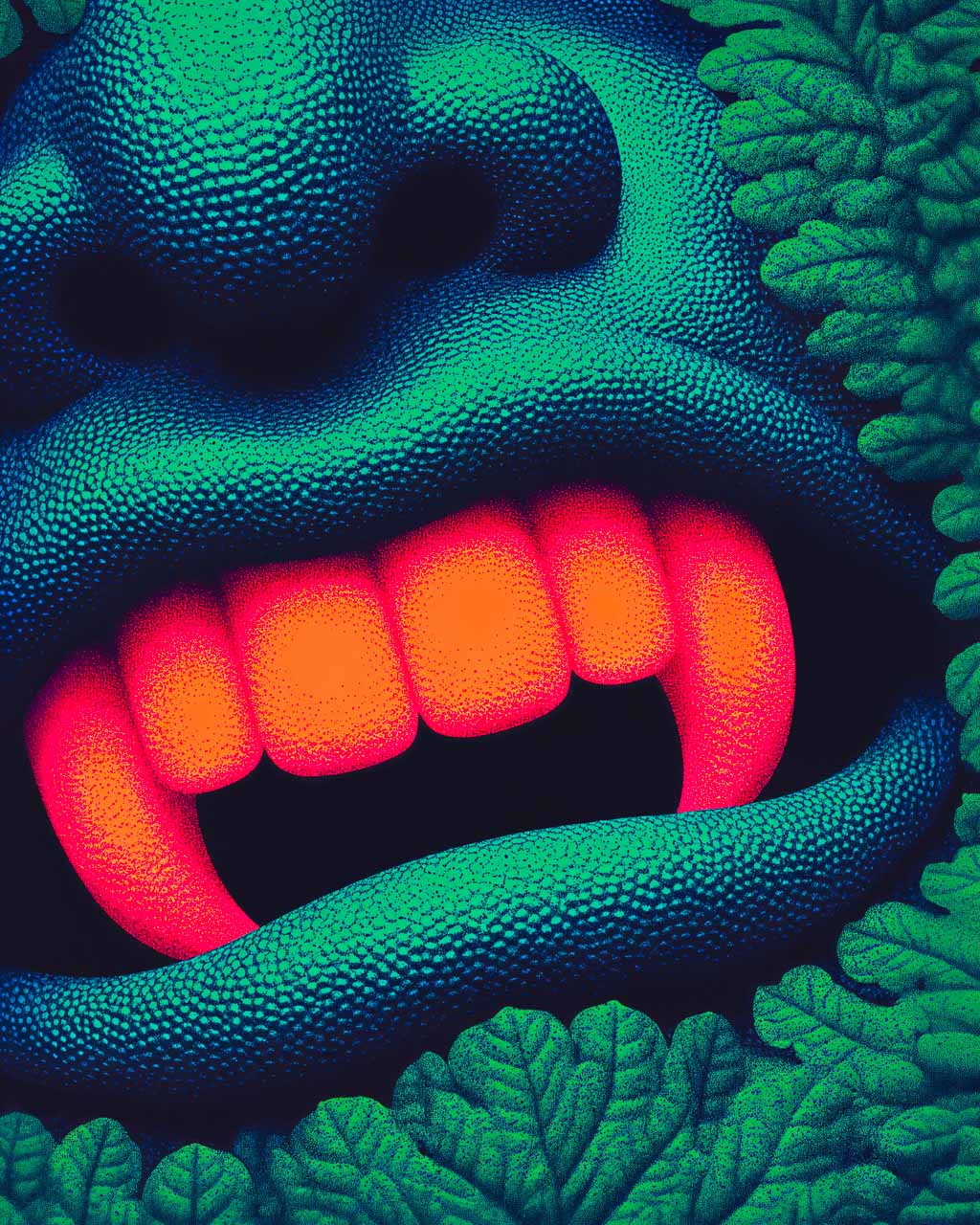 Close-up of a surreal artwork featuring bright orange fangs surrounded by vibrant, green leaves.