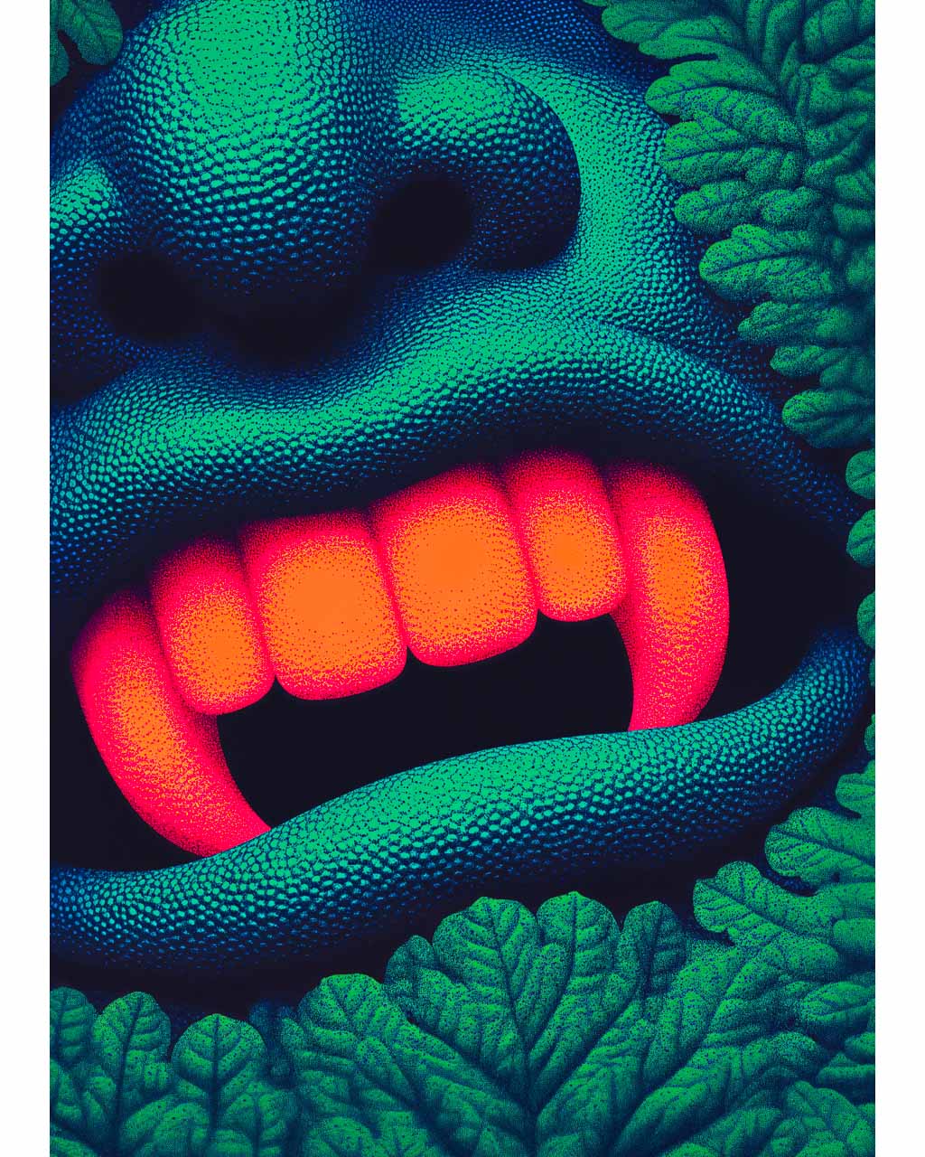 Close-up of a surreal artwork featuring bright orange fangs surrounded by vibrant, green leaves.
