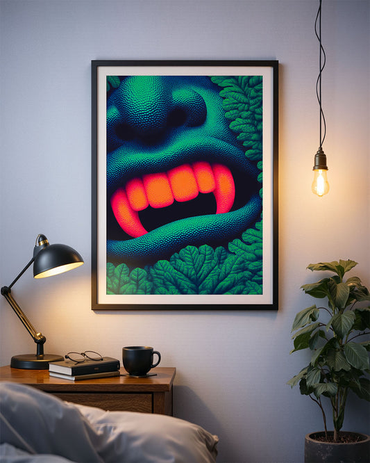 Art poster hanging on the wall in modern setting. The poster features bright orange fangs surrounded by vibrant, green leaves.