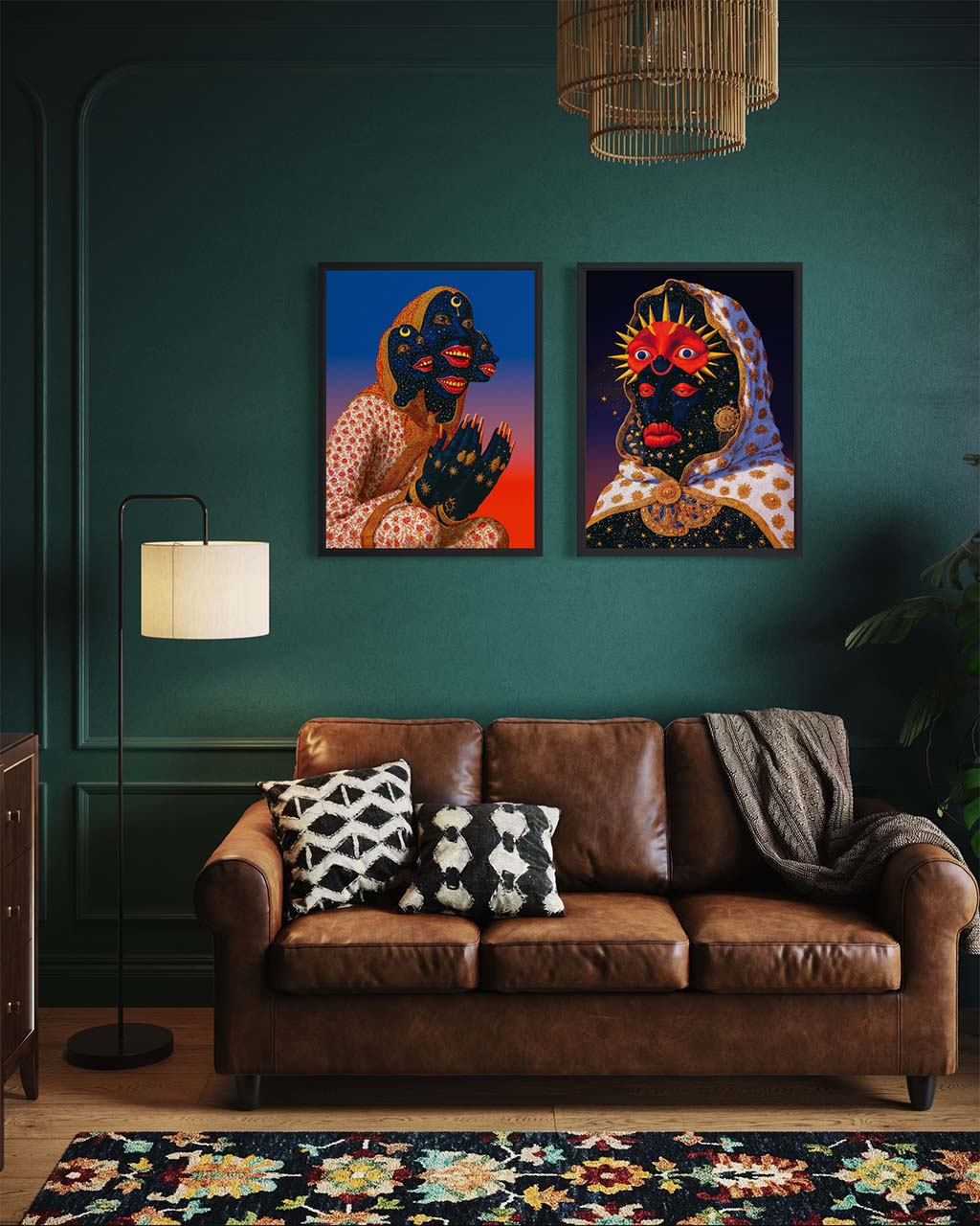 Poster mockup showing two framed surreal artworks, displayed above a brown leather sofa in a modern living room.