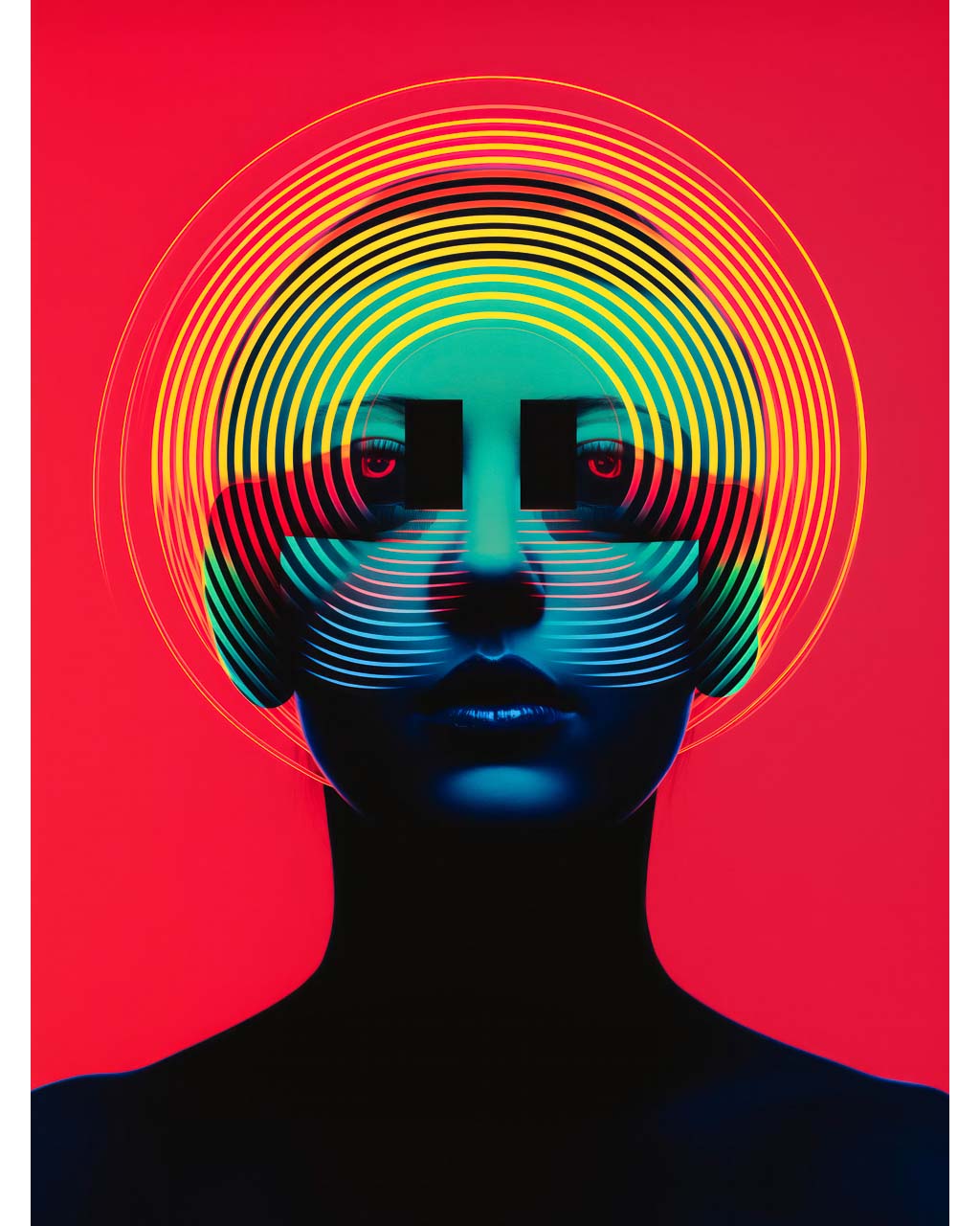 A stylized artistic poster featuring a person with a colorful, circular pattern around their head against a red background.