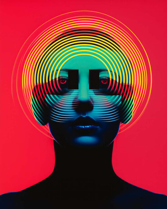 A stylized artistic poster featuring a person with a colorful, circular pattern around their head against a red background.