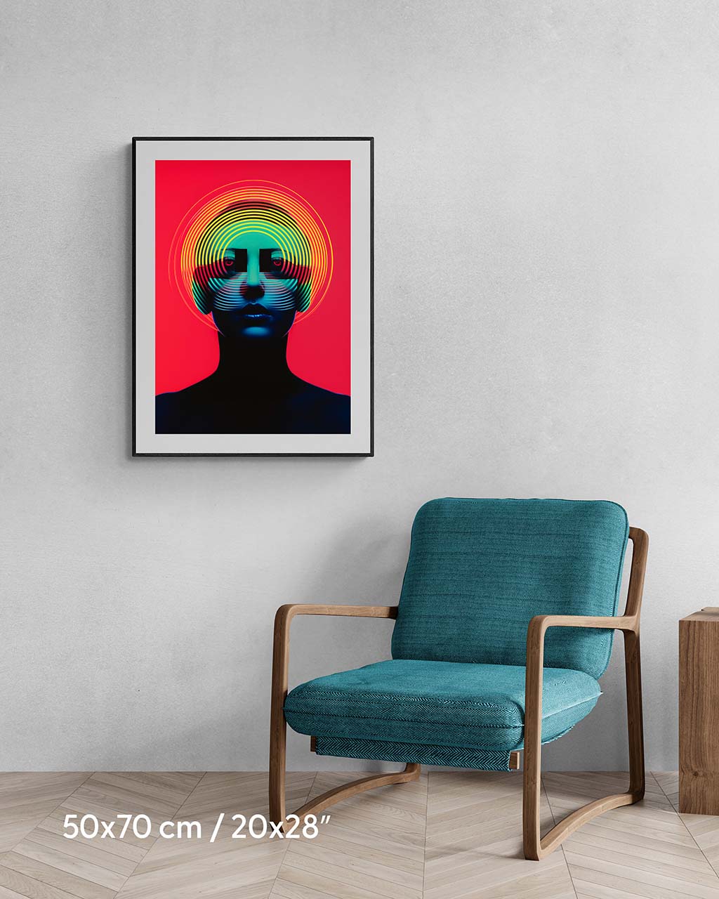 A mockup featuring an artistic poster with a person with a colourful, circular pattern around their head against a red background.