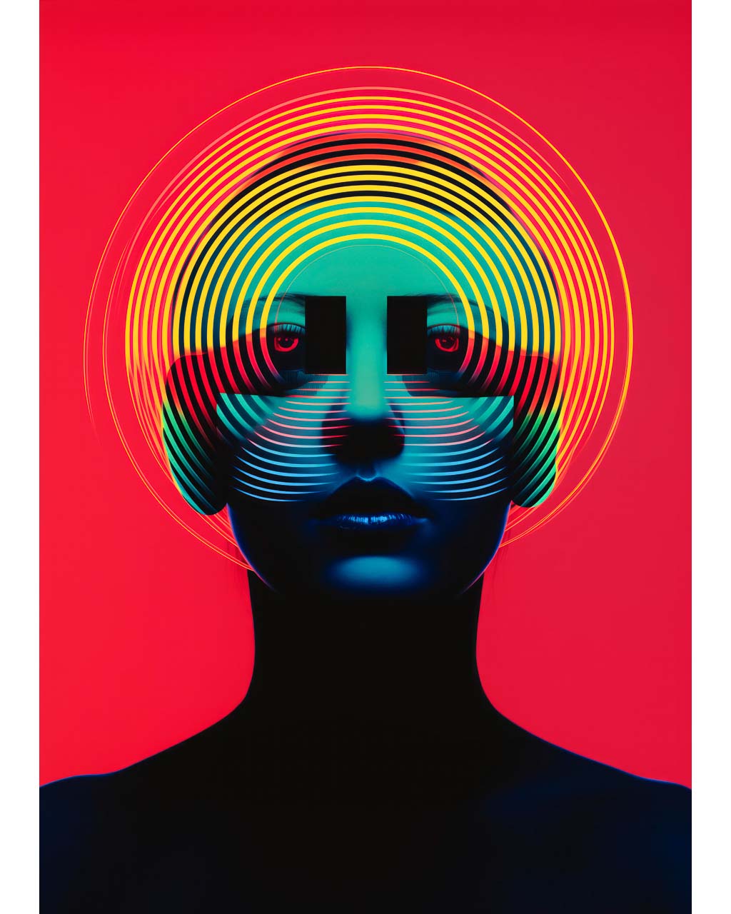 A stylized artistic poster featuring a person with a colorful, circular pattern around their head against a red background.
