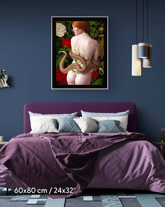 Framed poster featuring Eve and a serpent in a symbolic Garden of Eden scene.