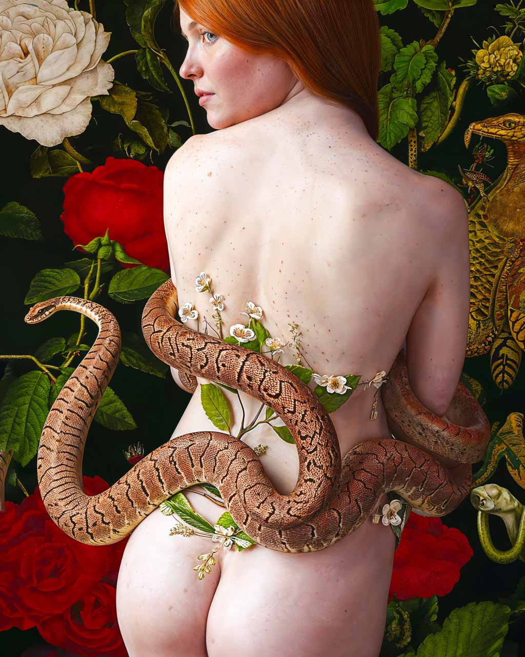 Surreal art poster showing Eve and a serpent in a symbolic Garden of Eden scene.