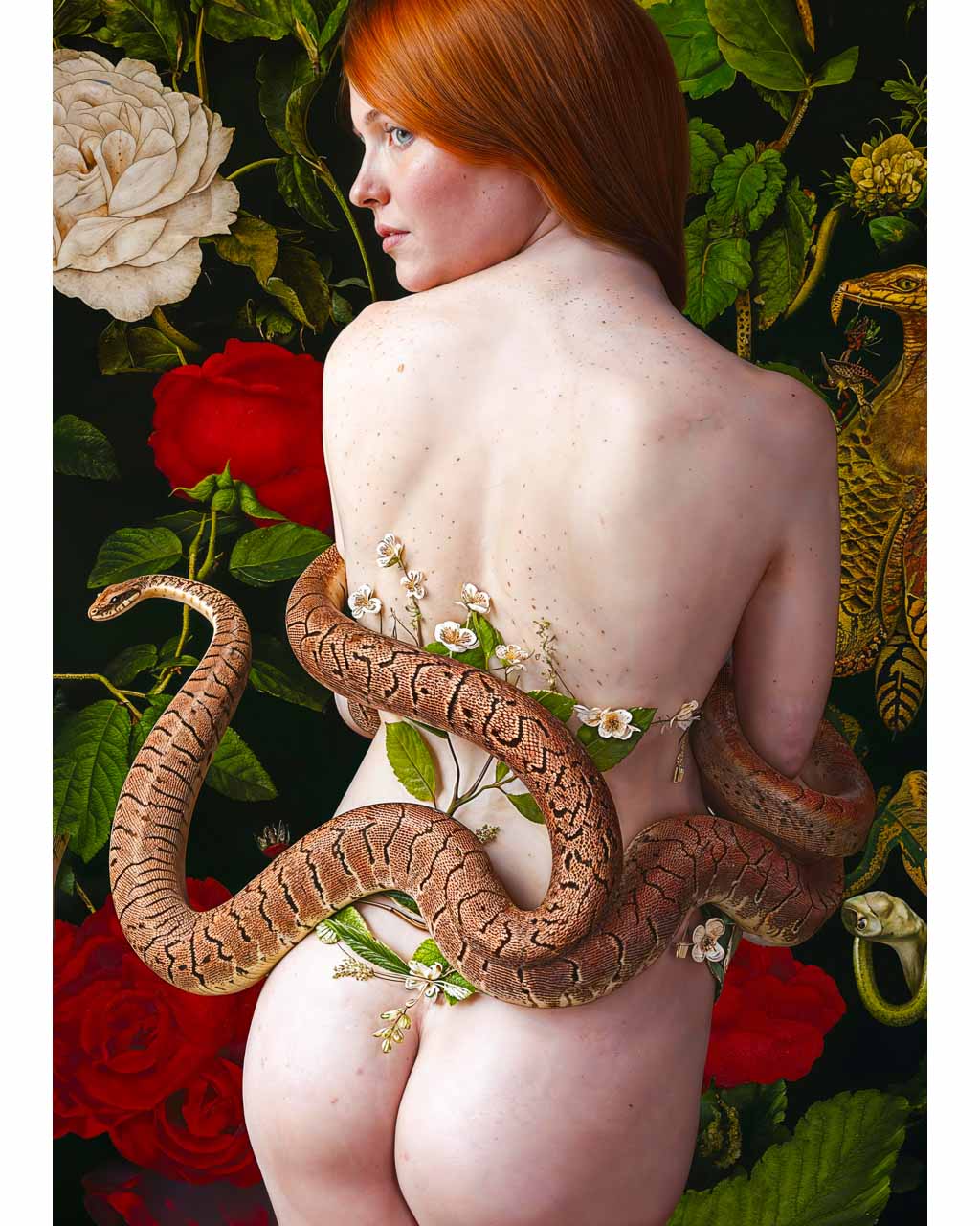 Surreal art poster showing Eve and a serpent in a symbolic Garden of Eden scene.