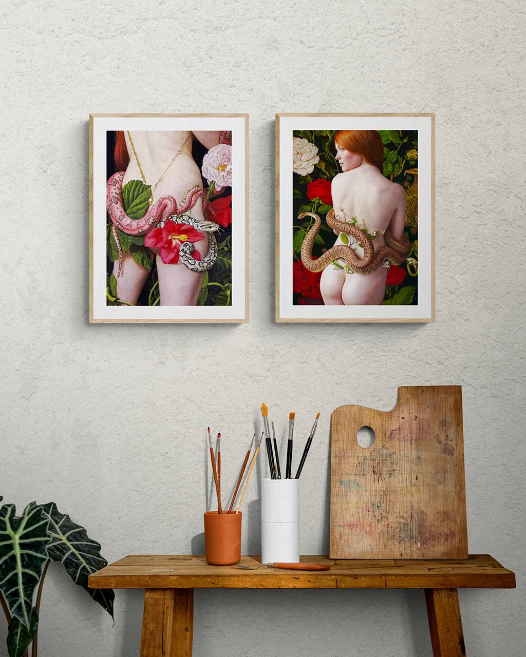 Surreal art poster showing Eve and a serpent in a symbolic Garden of Eden scene.