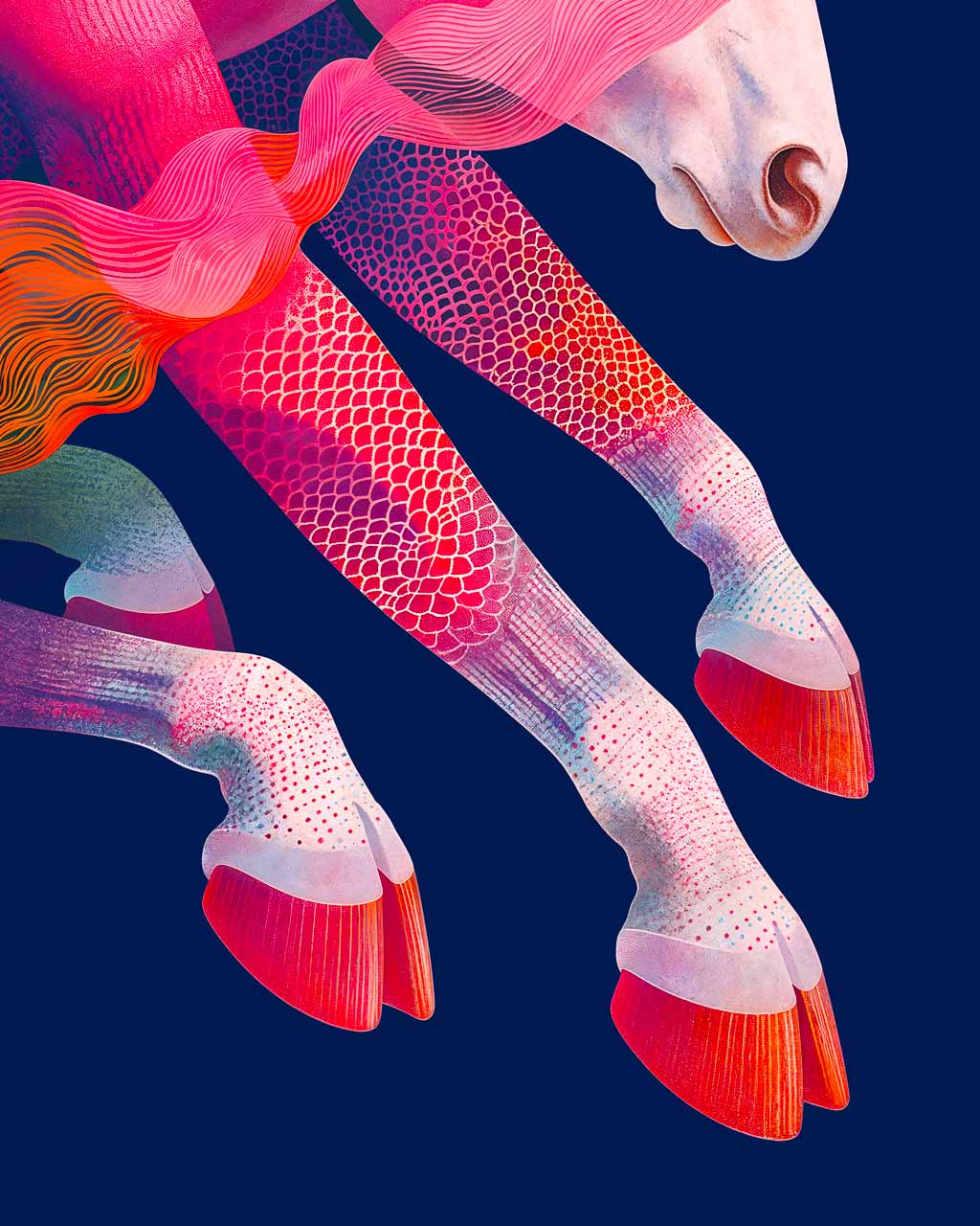 Close-up view of animal hooves on a dark surface.