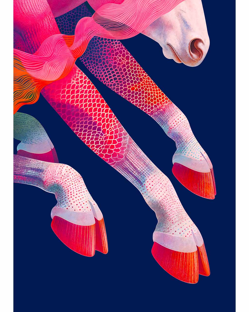 Close-up view of animal hooves on a dark surface.