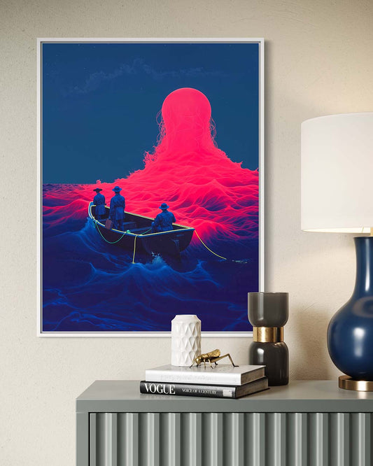 Framed poster on the wall featuring a surreal scene at the sea.