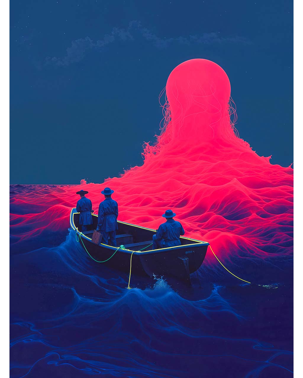 Surreal figure emerging from dark sea under a stormy sky