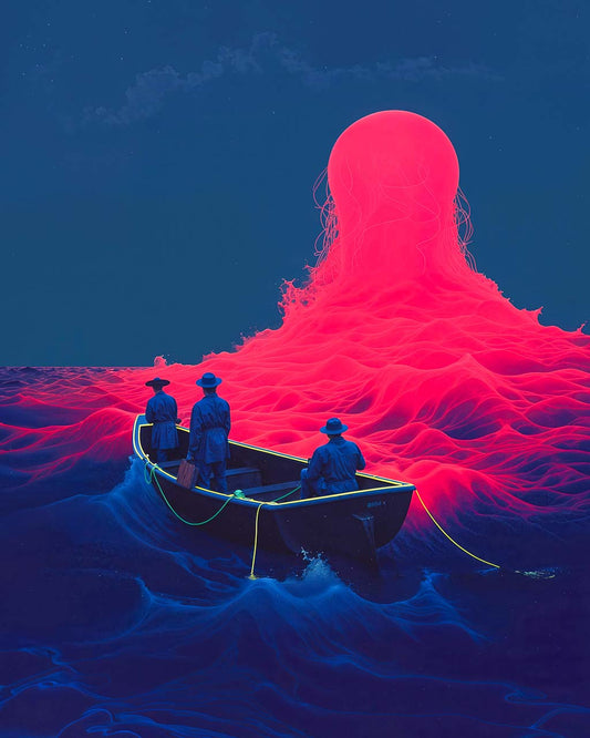 Surreal pink figure emerging from dark sea under a stormy sky