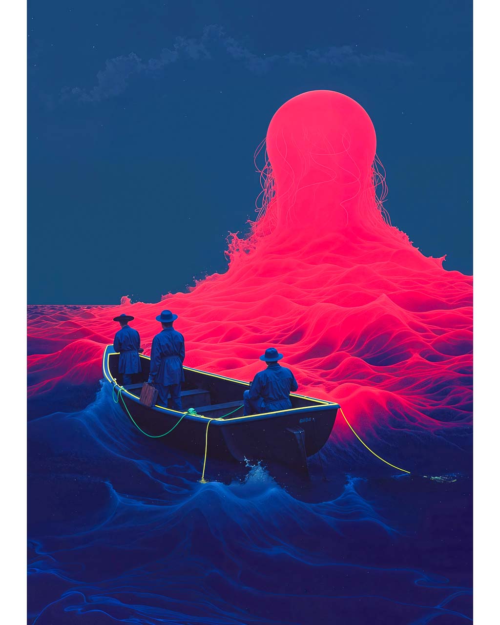 Surreal figure emerging from dark sea under a stormy sky