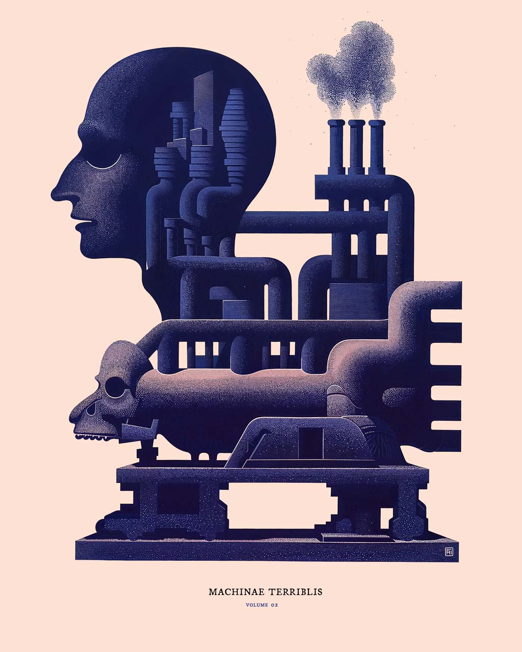 A poster featuring a surrealistic image of a human-machine hybrid surrounded by industrial machinery.