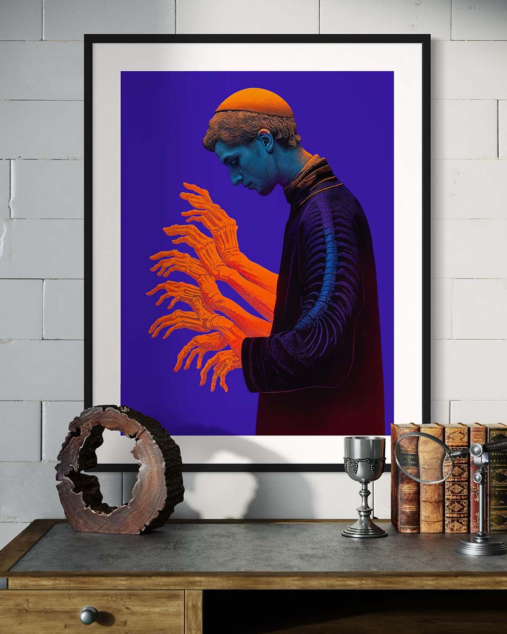 Framed artwork featuring a contemplative figure with skeletal hands