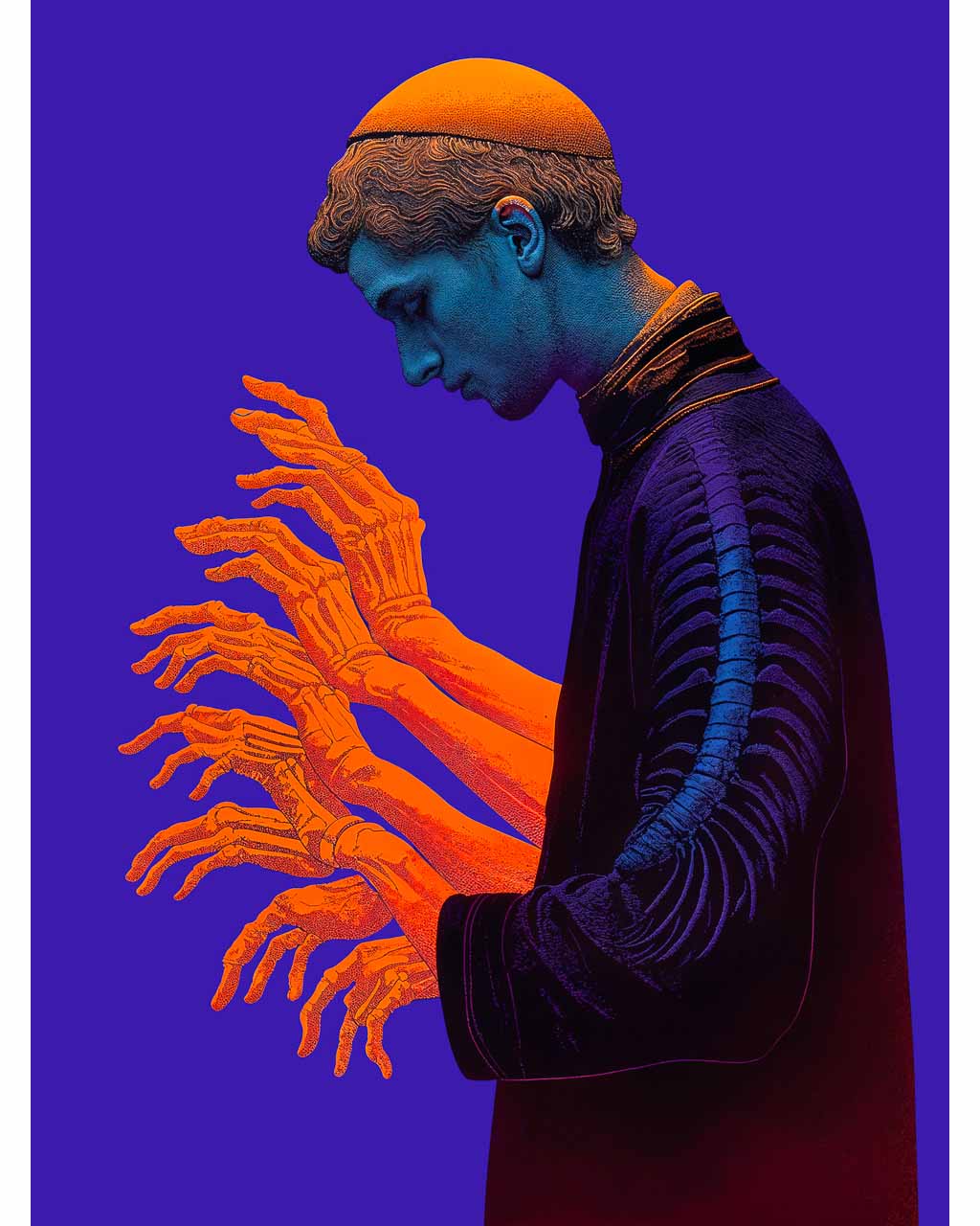 Surreal portrait of a contemplative figure with skeletal hands