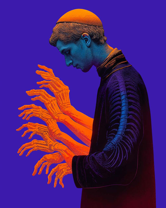 Surreal portrait of a contemplative figure with skeletal hands