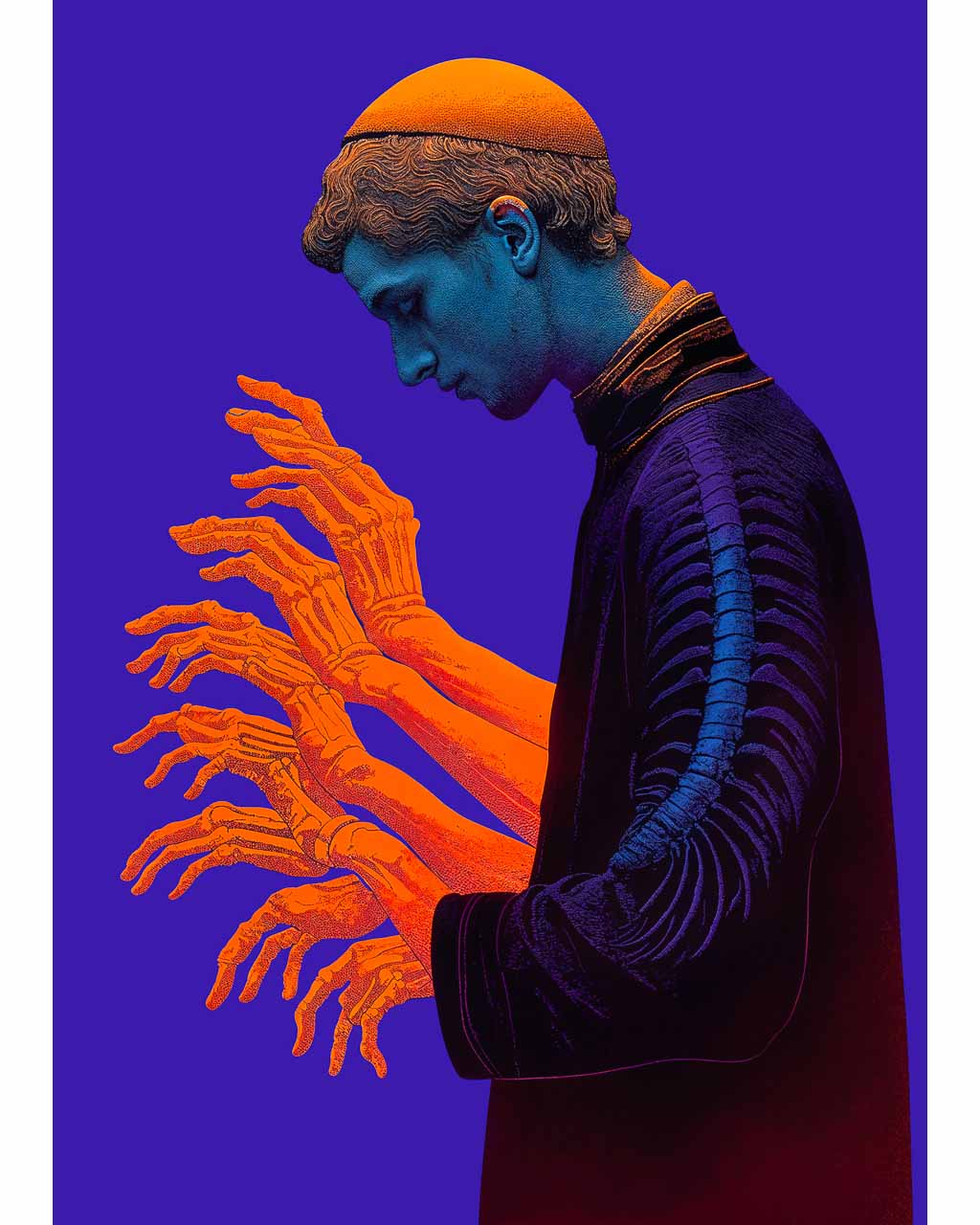 Surreal portrait of a contemplative figure with skeletal hands