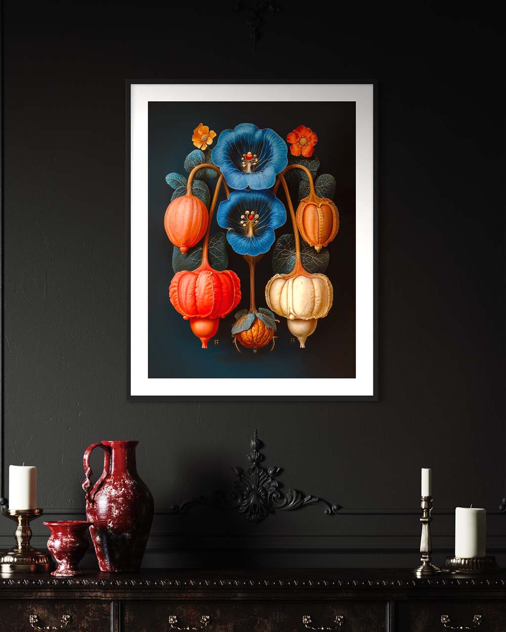 Mockup of a flower-themed poster on the wall.