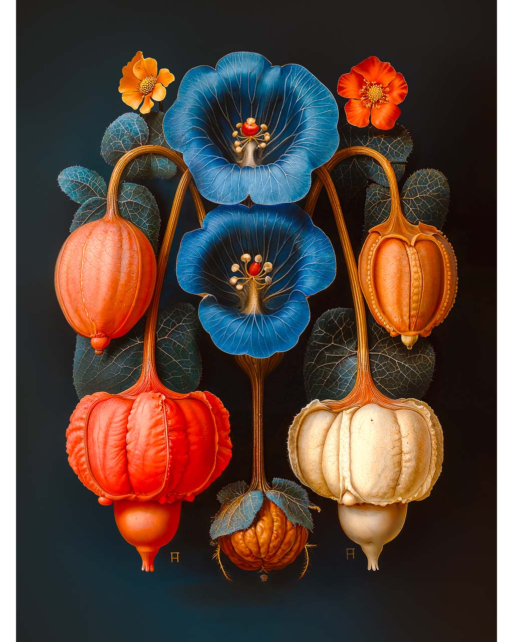 A vibrant and colorful wall art featuring a variety of flowers in different sizes and colors, including shades of blue, orange, and beige.