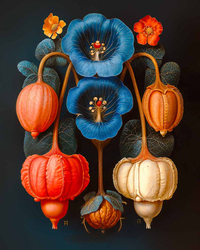 A vibrant and colorful wall art featuring a variety of flowers in different sizes and colors, including shades of blue, orange, and beige.