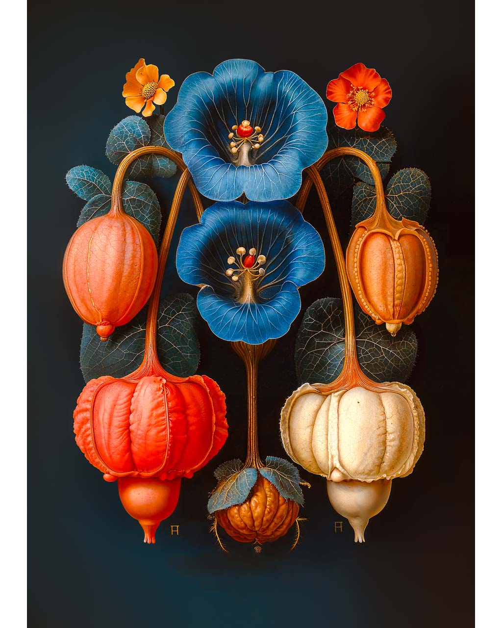 A vibrant and colorful wall art featuring a variety of flowers in different sizes and colors, including shades of blue, orange, and beige.