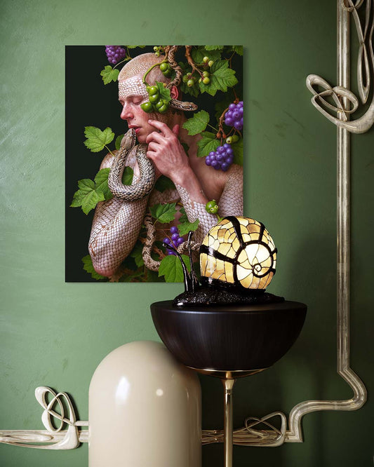 Poster on the wall featuring Adam in the Garden of Eden scene with unsettling imagery.