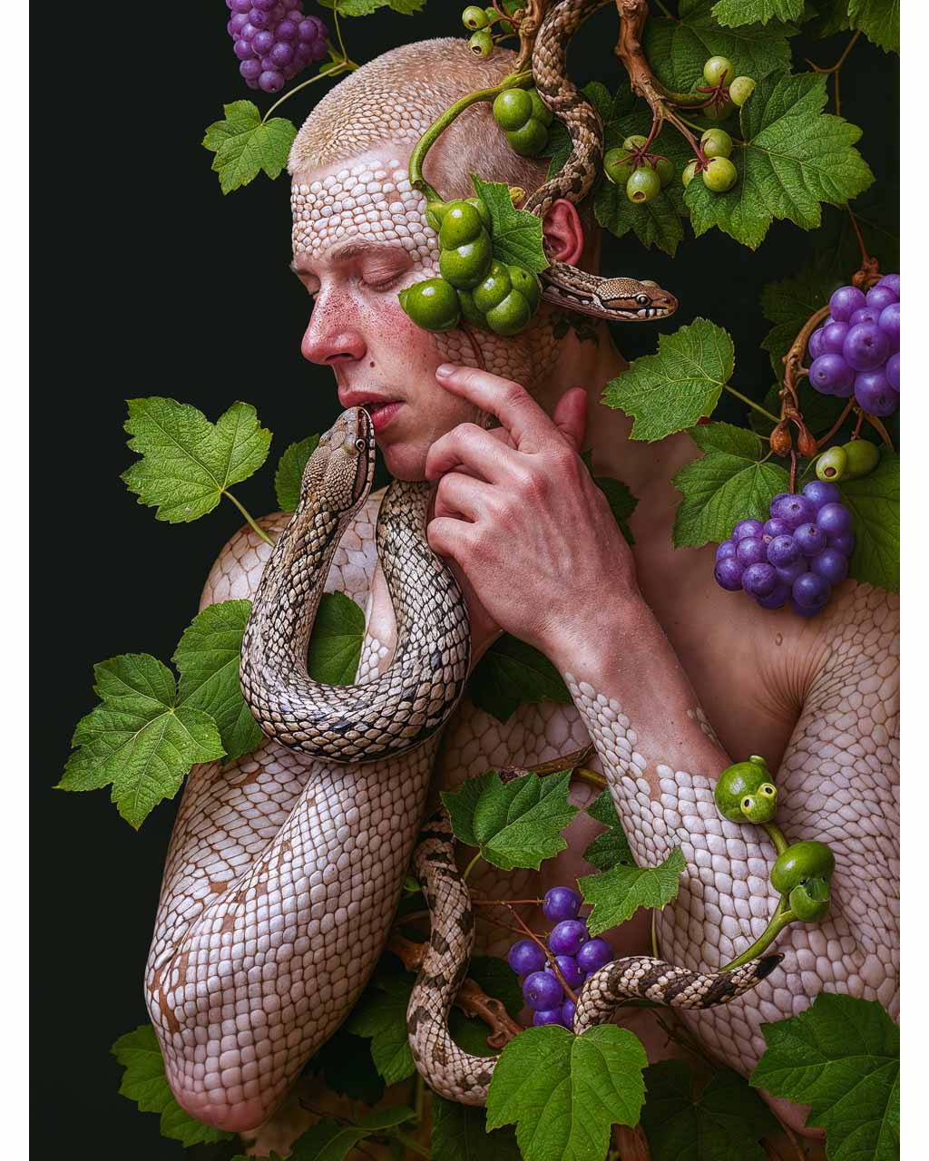 Surreal poster of Adam in a symbolic Garden of Eden scene with unsettling imagery.
