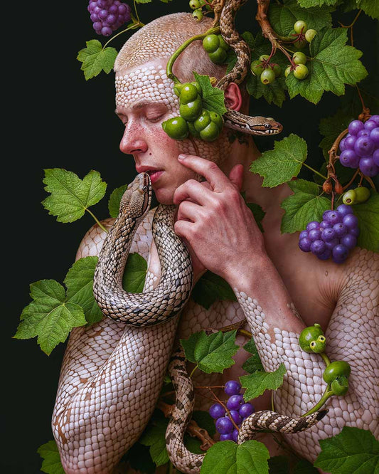 Surreal poster of Adam in a symbolic Garden of Eden scene with unsettling imagery.