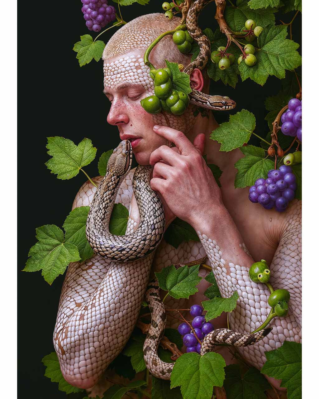 Surreal poster of Adam in a symbolic Garden of Eden scene with unsettling imagery.