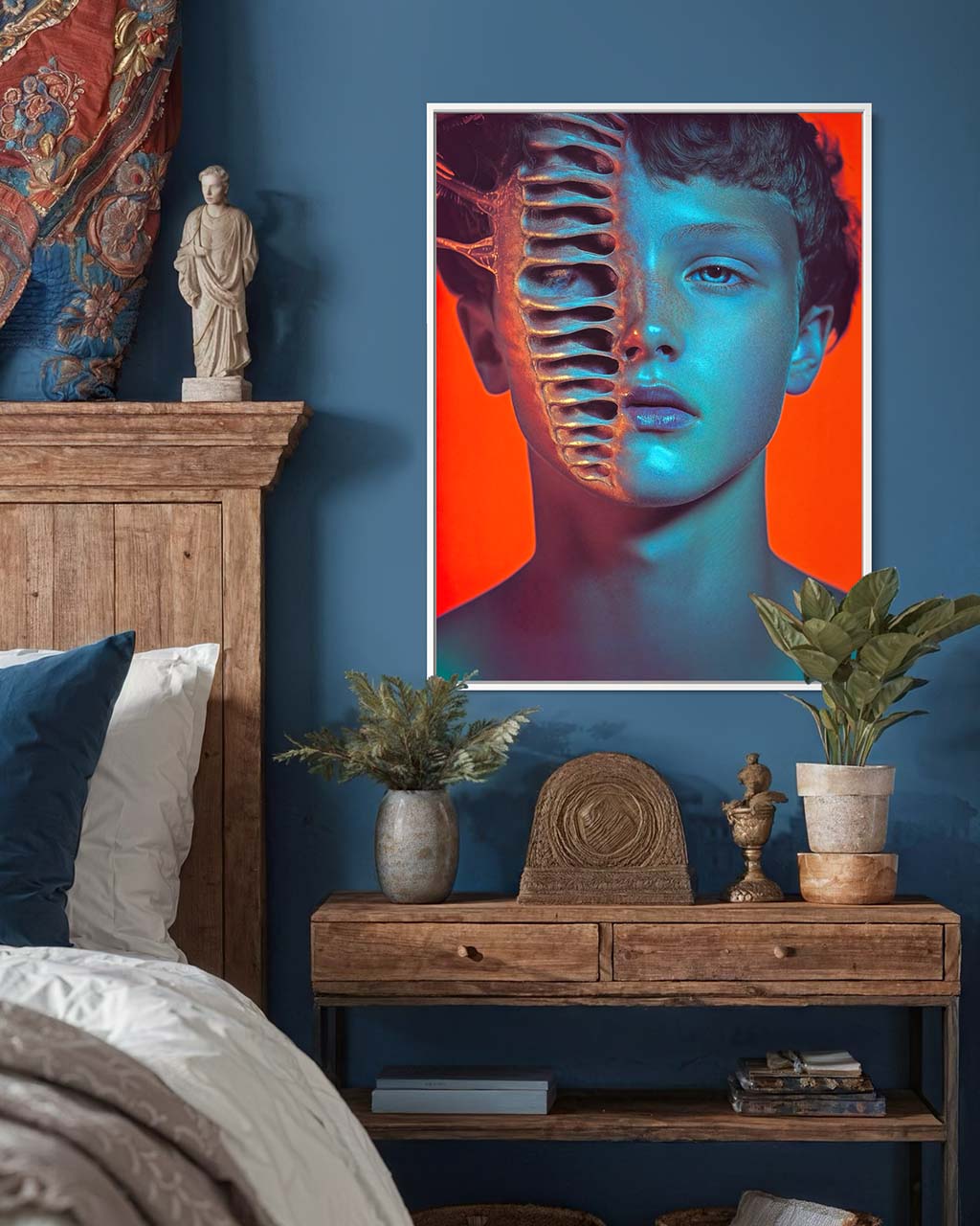 Framed portrait featuring a human face transforming into a skeletal form with intricate details.