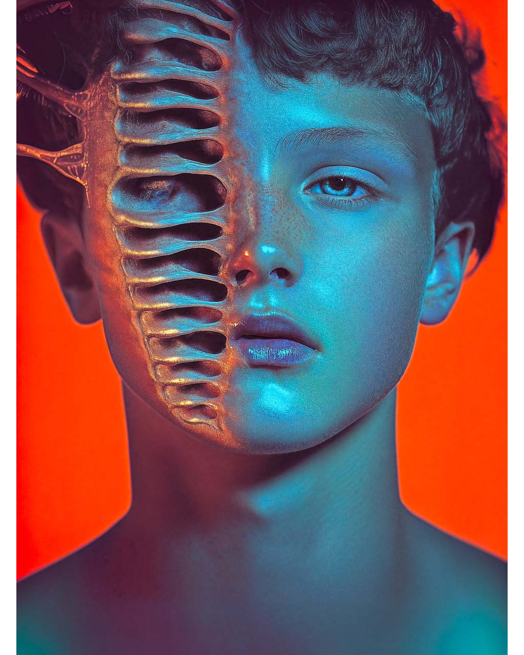 Surreal portrait of a human face transforming into a skeletal form with intricate details.