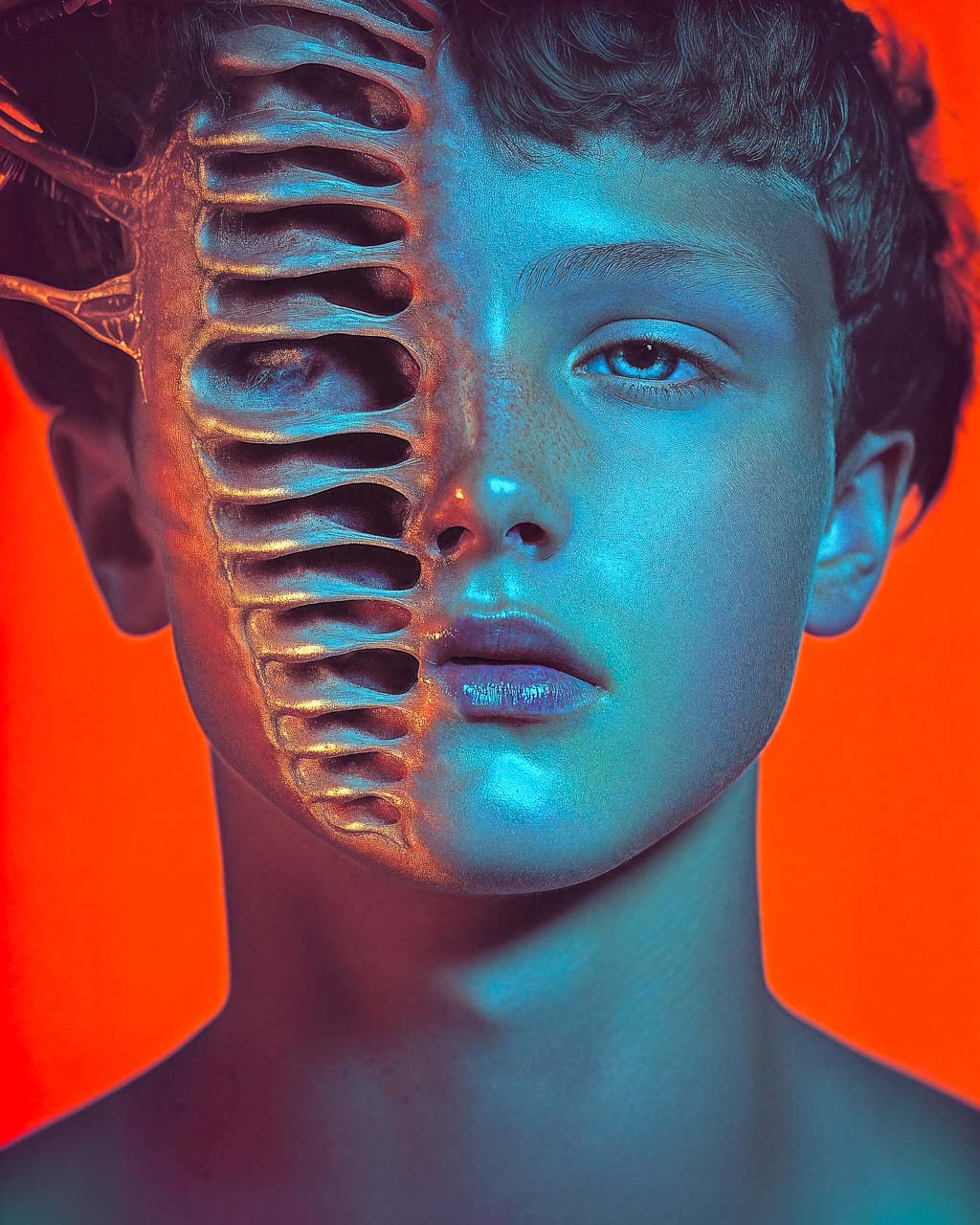 Surreal portrait of a human face transforming into a skeletal form with intricate details.