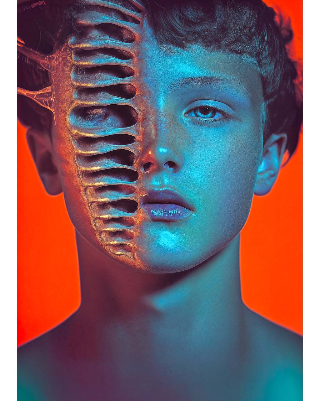 Surreal portrait of a human face transforming into a skeletal form with intricate details.