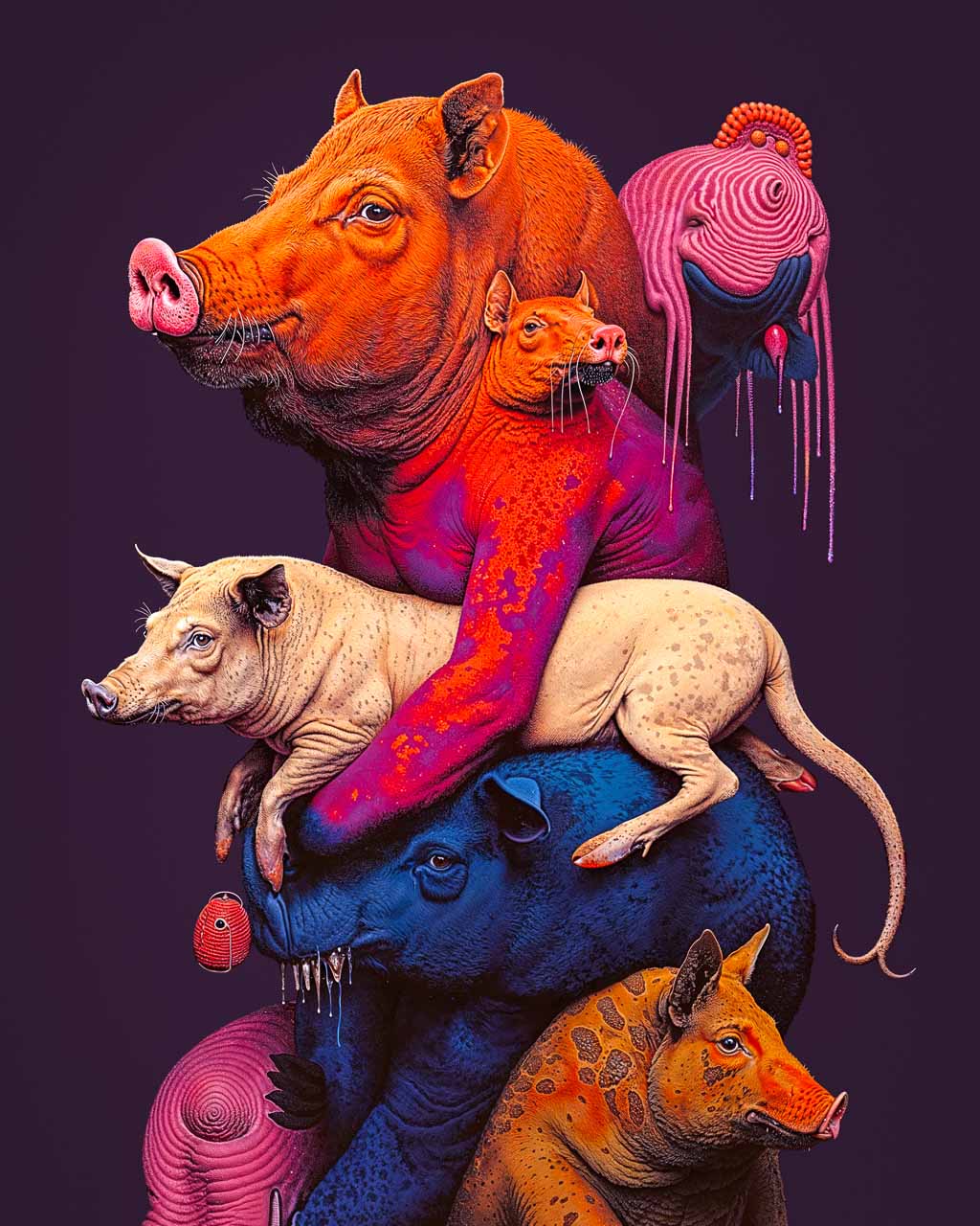 A bizarre art poster featuring a stack of surreal pigs.