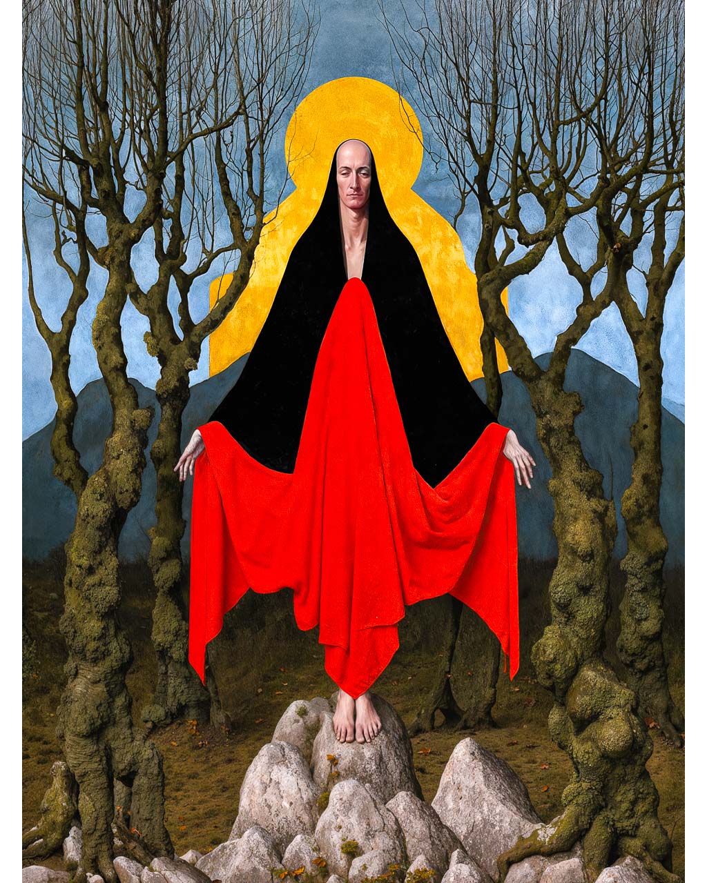 The First Wytch – surreal folklore wall art featuring a hooded figure draped in crimson standing on ancient stones beneath a golden halo.