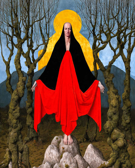 The First Wytch – surreal folklore wall art featuring a hooded figure draped in crimson standing on ancient stones beneath a golden halo.