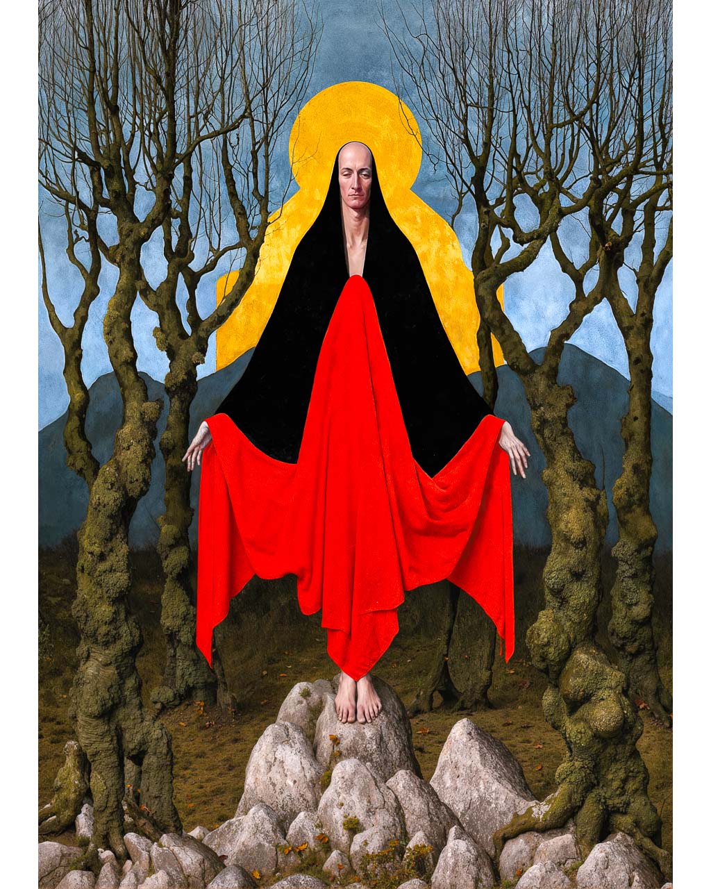 The First Wytch – surreal folklore wall art featuring a hooded figure draped in crimson standing on ancient stones beneath a golden halo.
