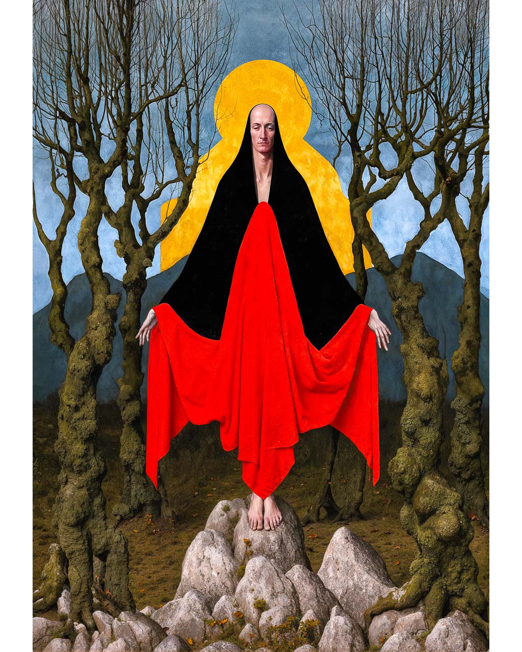 The First Wytch – surreal folklore wall art featuring a hooded figure draped in crimson standing on ancient stones beneath a golden halo.