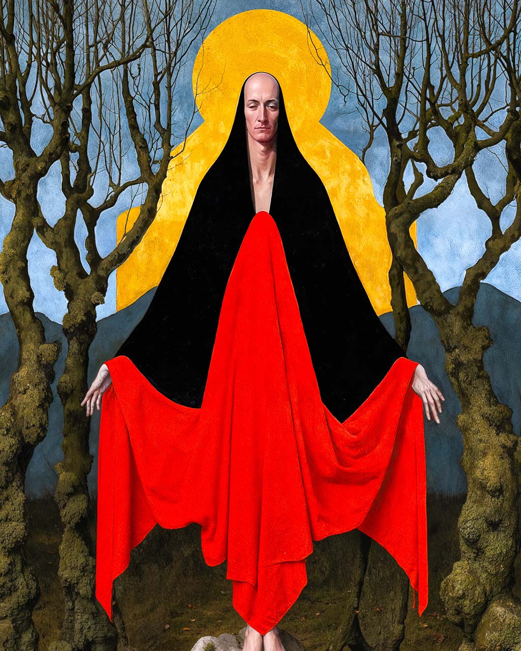Close-up of The First Wytch surreal wall art featuring a solitary hooded figure with a golden halo standing among twisted woodland trees.