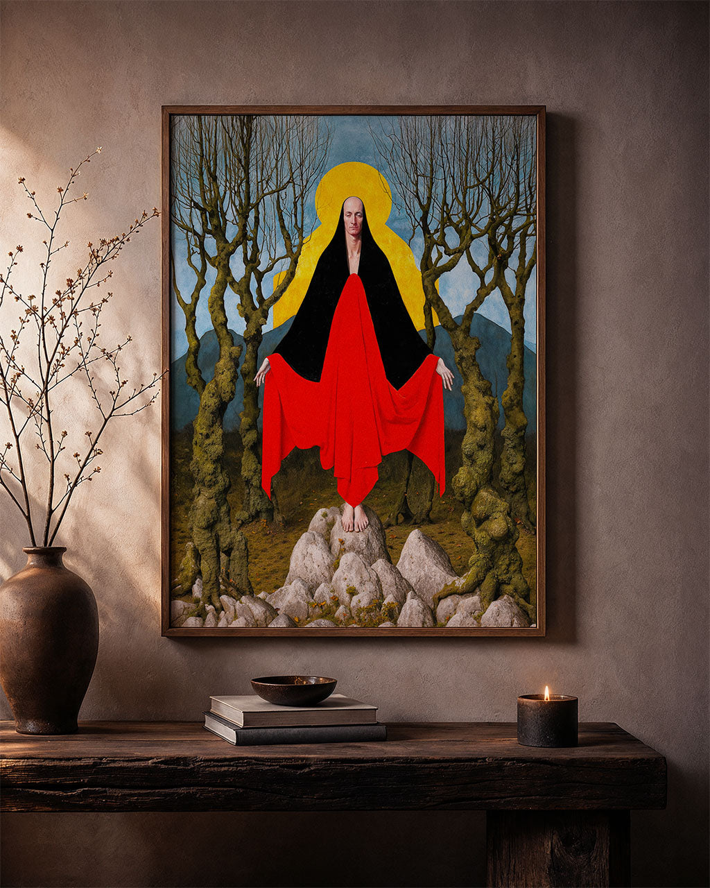 Framed The First Wytch surreal wall art print displayed in a warm contemporary interior with natural wood and candlelight.