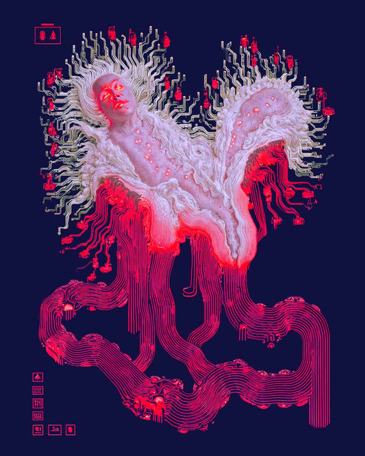 Surreal portrait of a figure blending organic flesh and machine elements