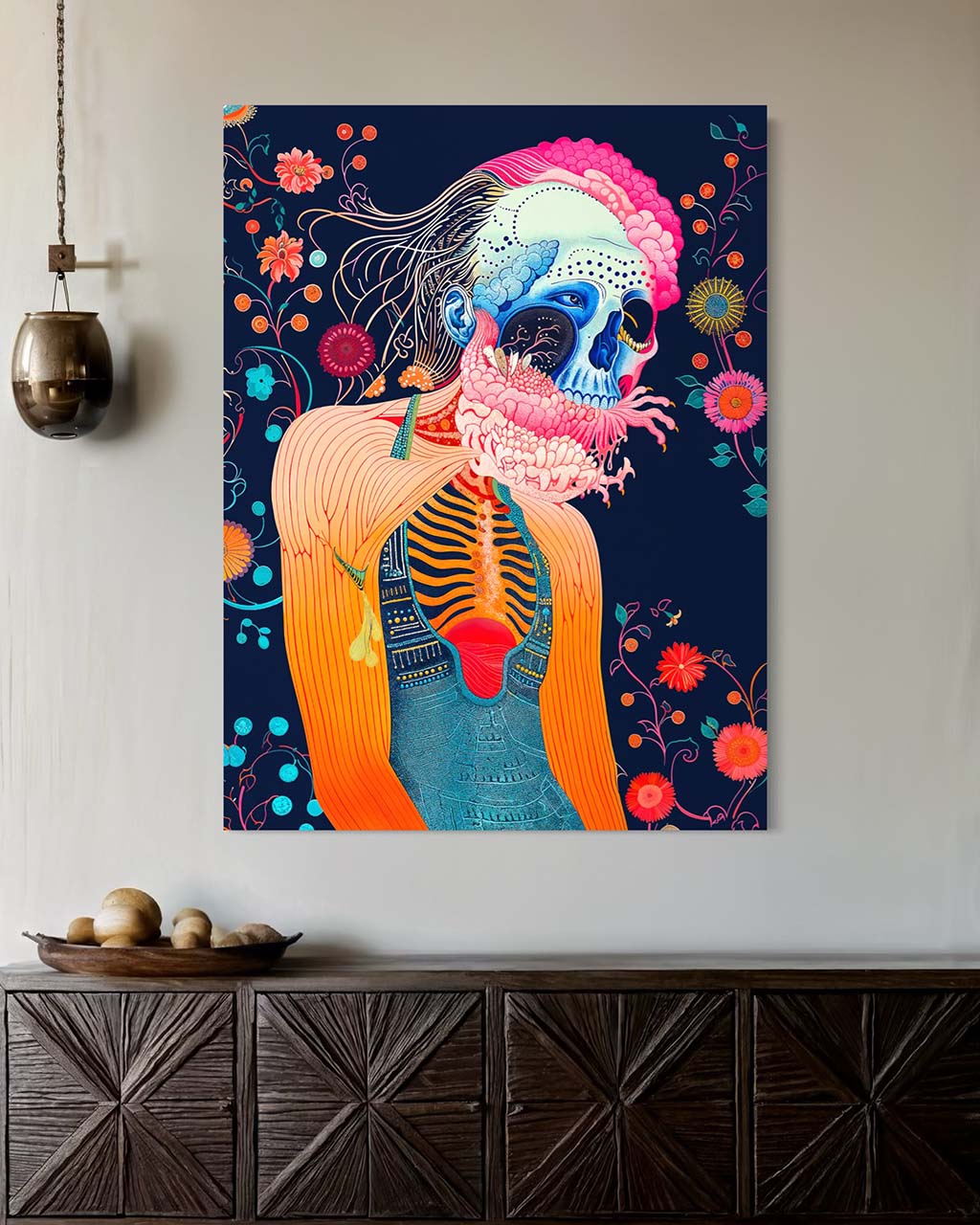 Unframed surreal artwork on the wall, featuring  a figure with a vibrant blue skull intertwined with colourful floral elements. 