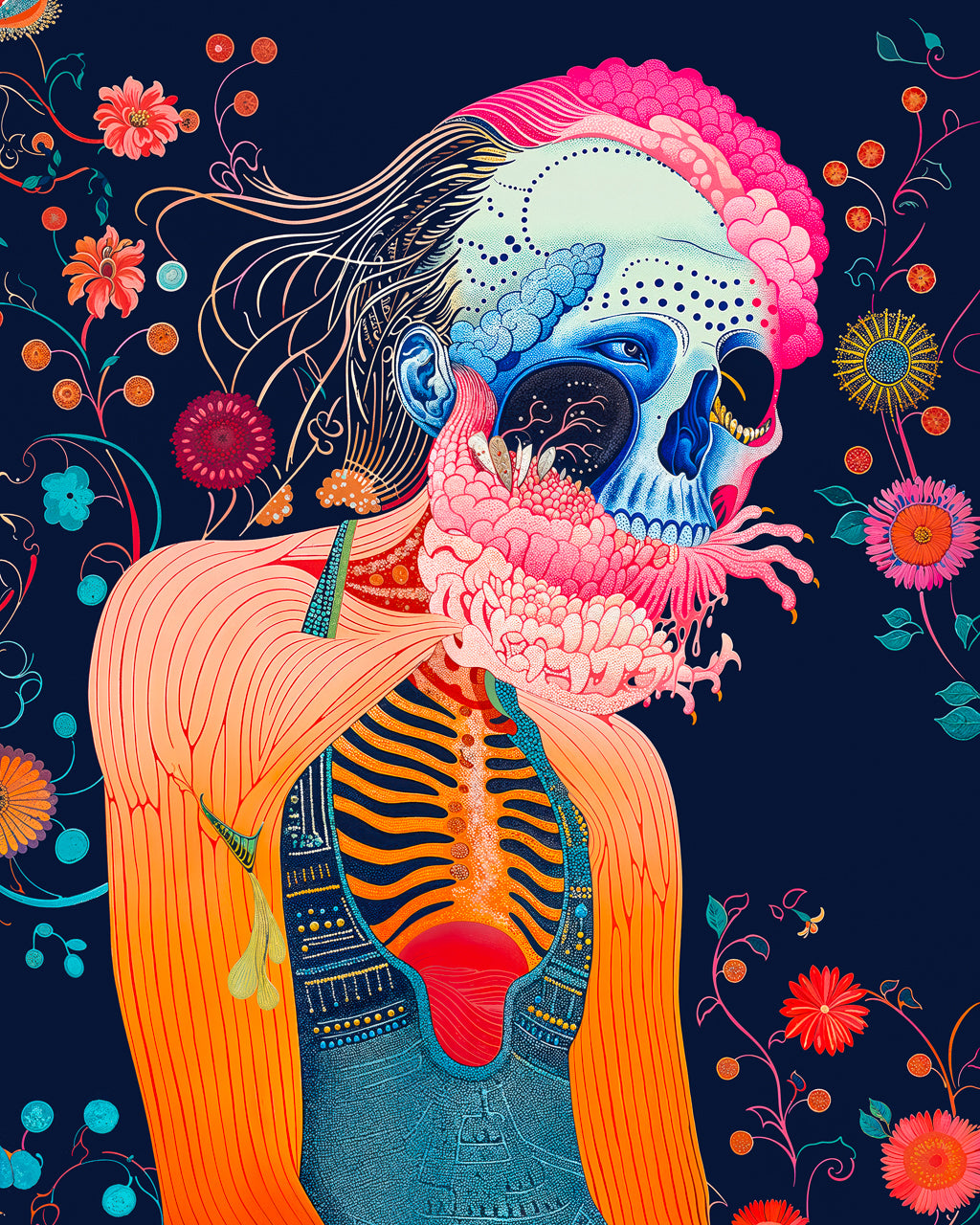 A surreal artwork titled Floral Rebirth, depicting a figure with a vibrant blue skull intertwined with colourful floral elements. 