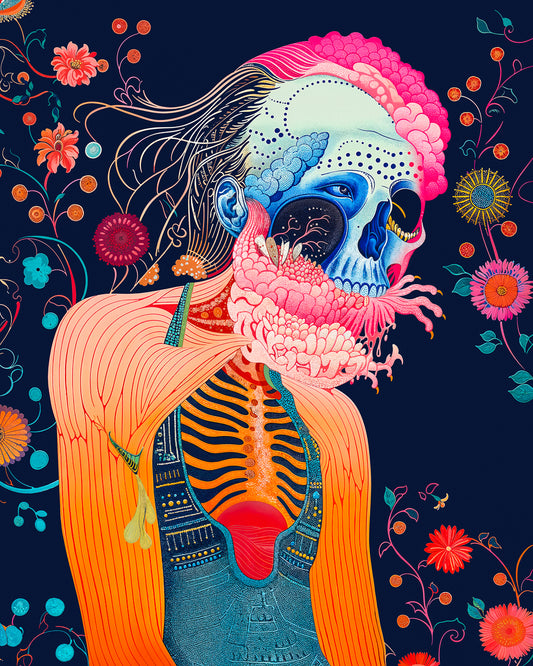 A surreal artwork titled Floral Rebirth, depicting a figure with a vibrant blue skull intertwined with colourful floral elements. 