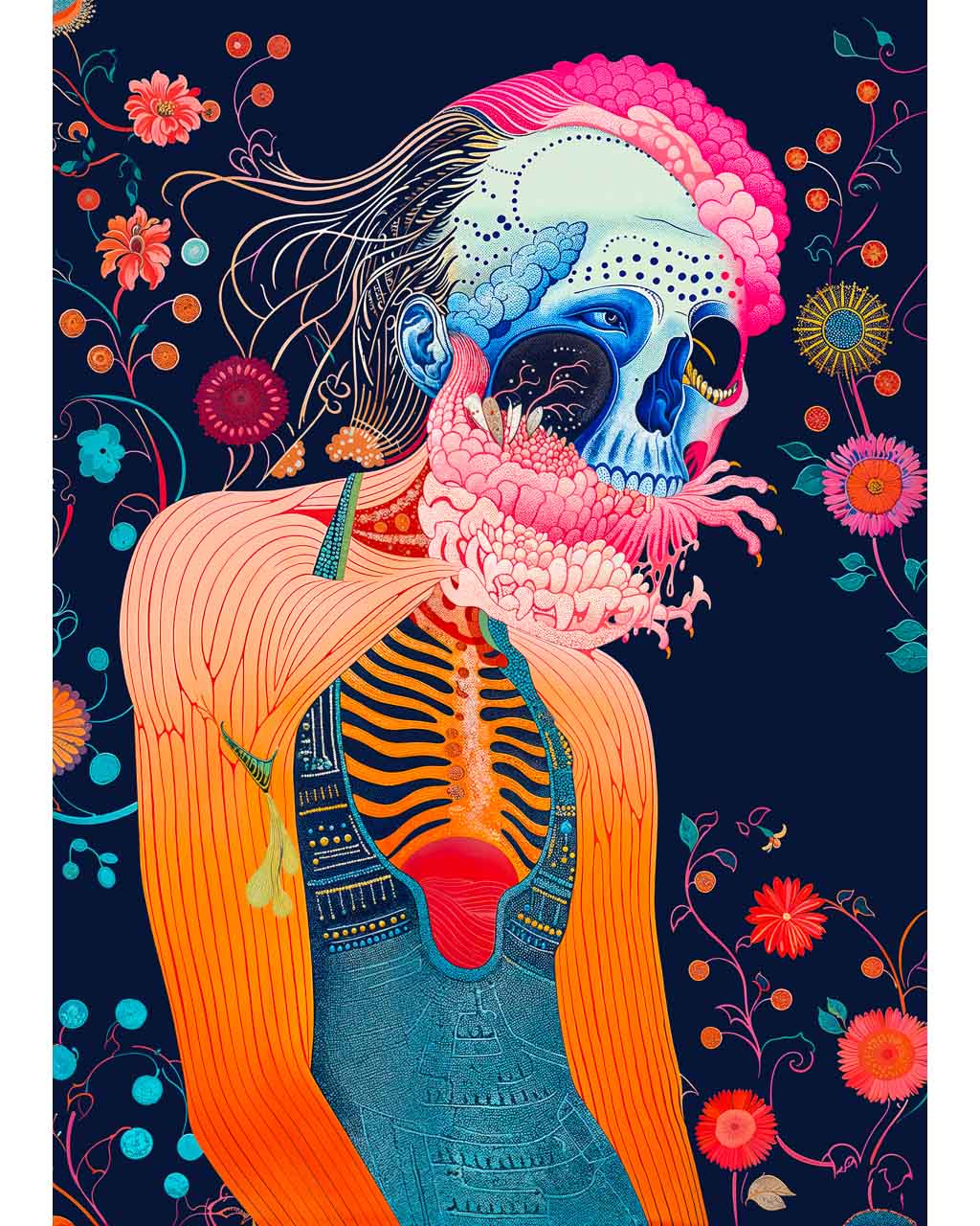 A surreal artwork titled Floral Rebirth, depicting a figure with a vibrant blue skull intertwined with colourful floral elements. 