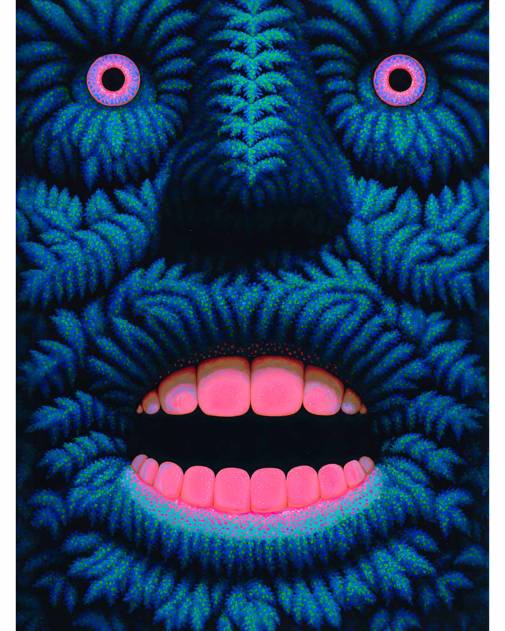 Closeup of a bold surreal art poster featuring intense colour, dynamic texture, and abstract visual energy.