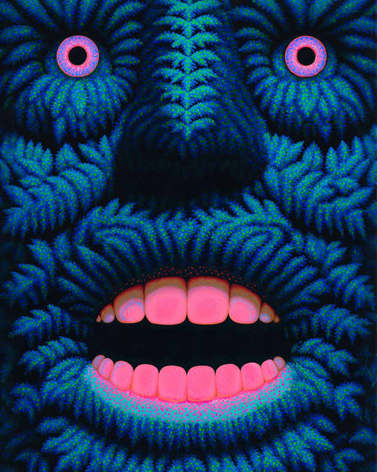 Surreal art poster featuring intense colour, dynamic texture, and abstract visual energy.